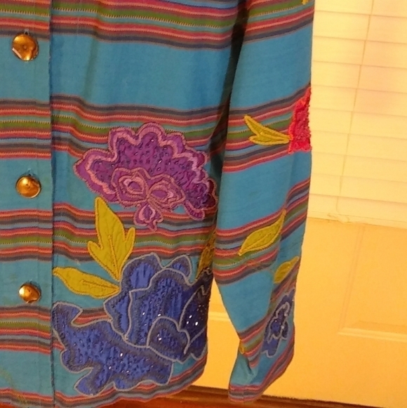 Chico's Blue Cotton Silk Flower Appliques Embroidered Beaded Size 2 Jacket Coat - Picture 6 of 7